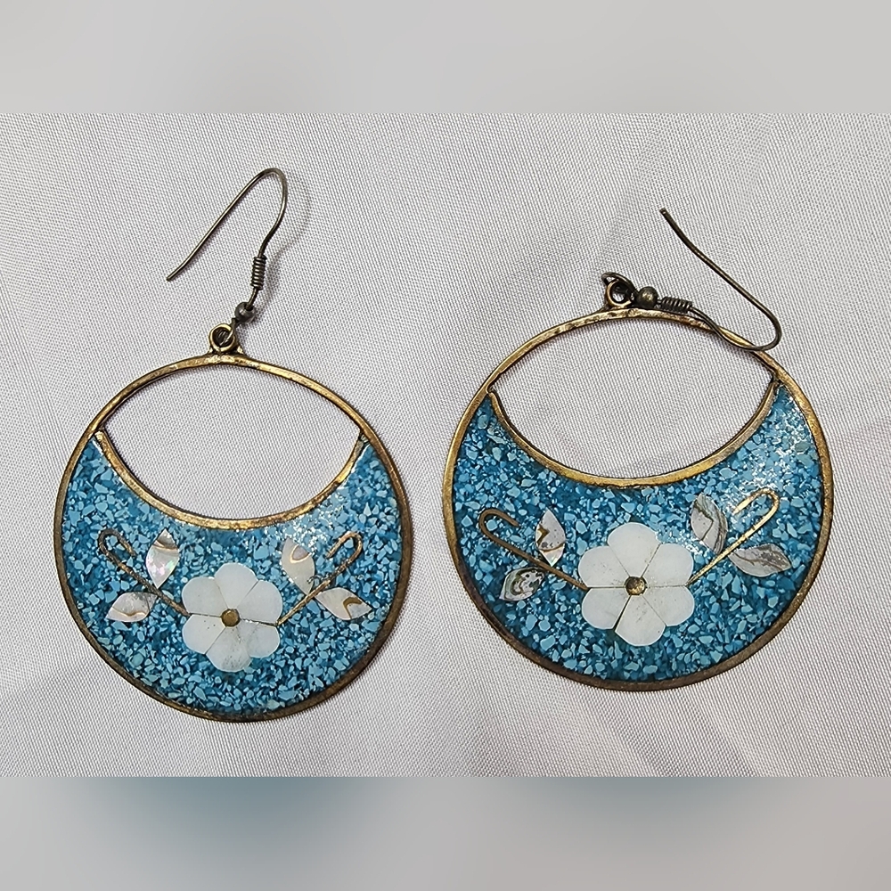 Vintage Alpaca Mexico Silver Turquoise Abalone Floral Earrings